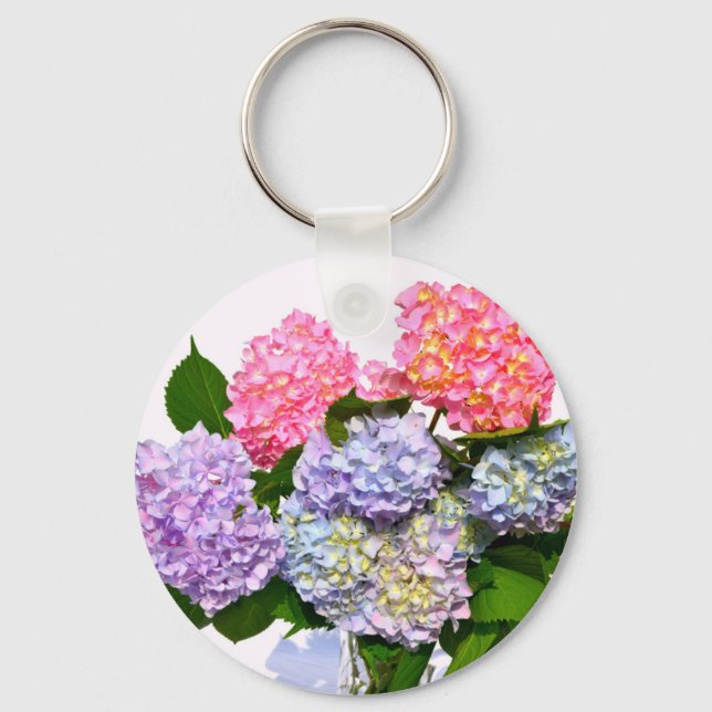 Elegant pink purple blue floral hydrangea bouquet  key ring (Front)