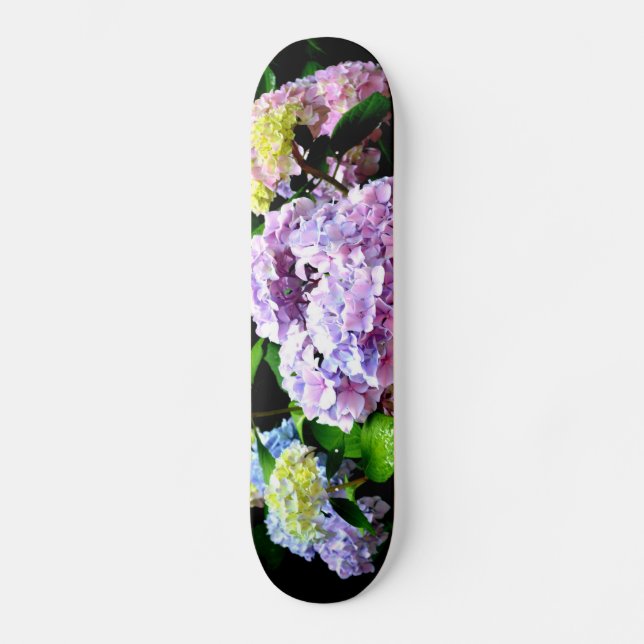 Elegant pink purple blue floral hydrangea gardens  skateboard (Front)