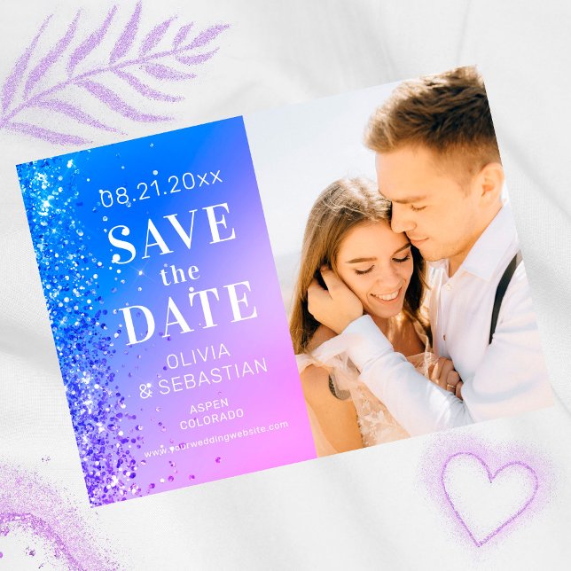 Elegant Pink Purple Blue Glitter Photo Wedding Save The Date (Creator Uploaded)