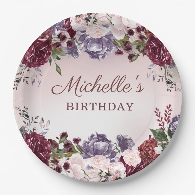 Elegant Pink Purple Burgundy Birthday Paper Plate (Front)