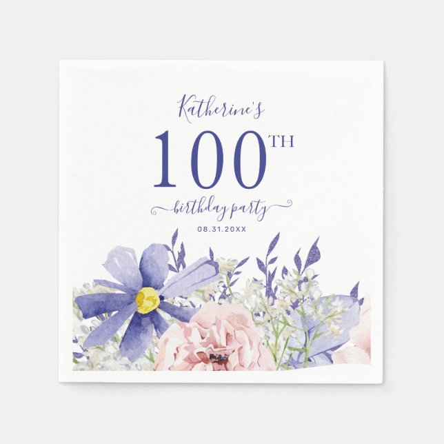 Elegant Pink Purple Floral 100th Birthday Party Napkin (Front)