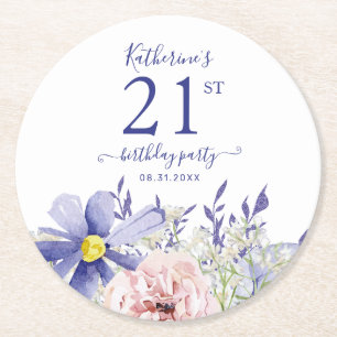 Elegant Pink Purple Floral 21st Birthday Party Round Paper Coaster