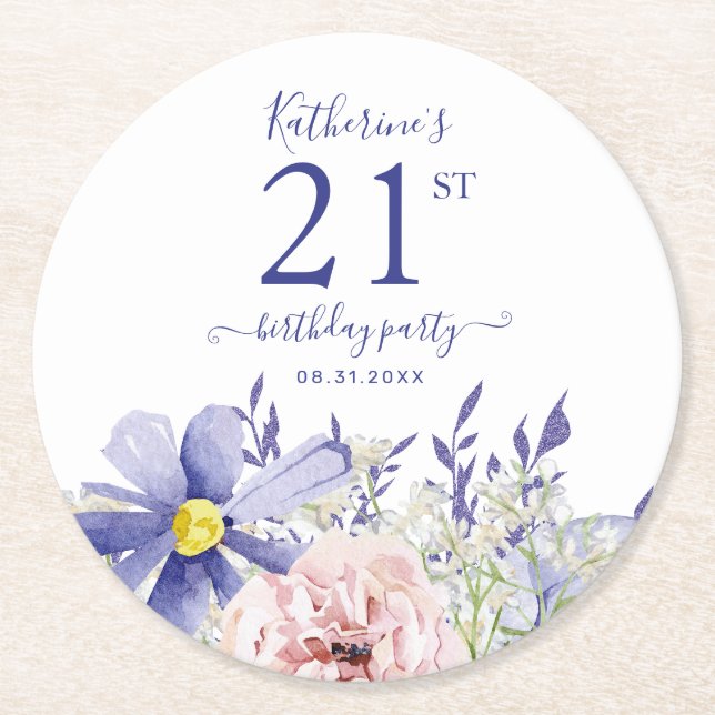 Elegant Pink Purple Floral 21st Birthday Party Round Paper Coaster (Front)