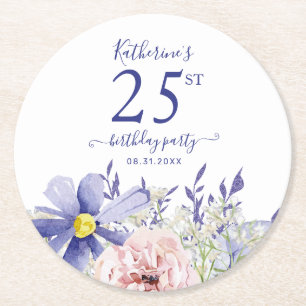 Elegant Pink Purple Floral 25th Birthday Party Round Paper Coaster