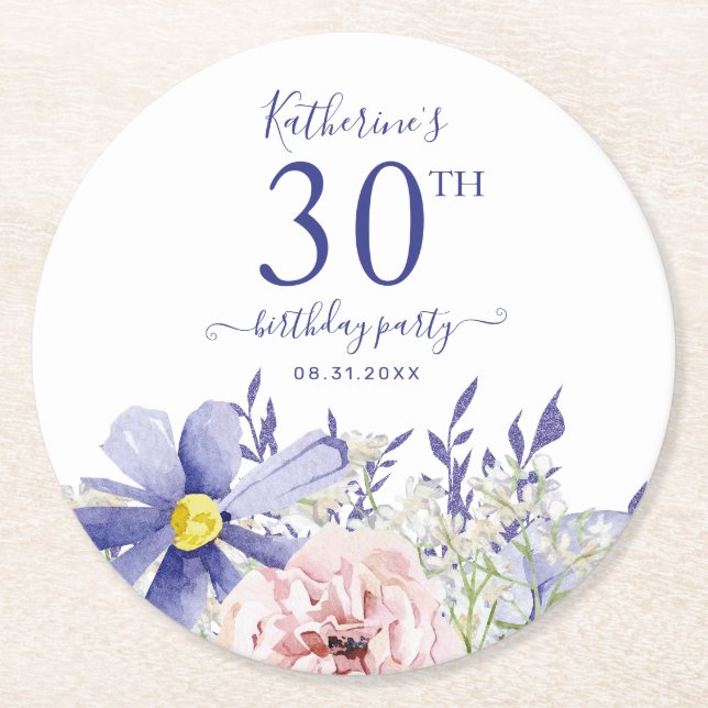Elegant Pink Purple Floral 30th Birthday Party Round Paper Coaster (Front)