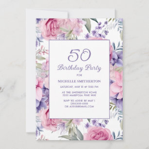 Elegant Pink Purple Floral 50th Birthday Invitation