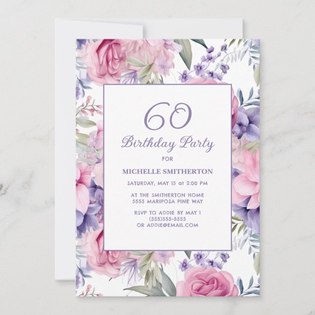 Elegant Pink Purple Floral 60th Birthday Invitation (Front)