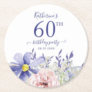 Elegant Pink Purple Floral 60th Birthday Party Round Paper Coaster