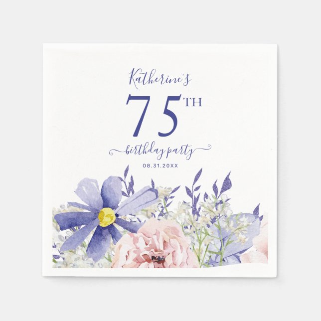 Elegant Pink Purple Floral 75th Birthday Party Napkin (Front)