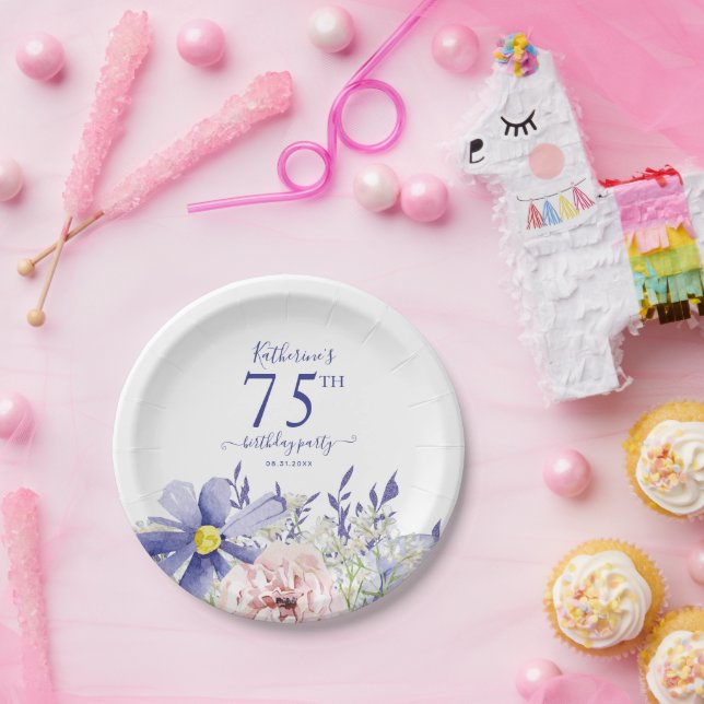 Elegant Pink Purple Floral 75th Birthday Party Paper Plate (Party)