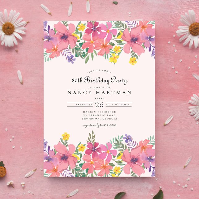 Elegant Pink Purple Floral 80th Birthday Party Invitation (Creator Uploaded)
