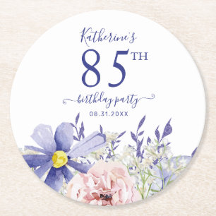 Elegant Pink Purple Floral 85th Birthday Party Round Paper Coaster