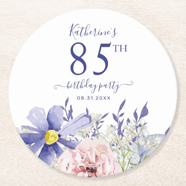 Elegant Pink Purple Floral 85th Birthday Party Round Paper Coaster (Front)