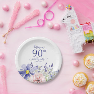 Elegant Pink Purple Floral 90th Birthday Party Paper Plate