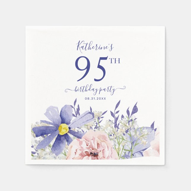 Elegant Pink Purple Floral 95th Birthday Party Napkin (Front)