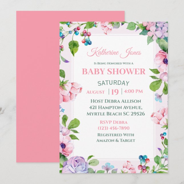 Elegant Pink Purple Floral Baby Shower Invitation (Front/Back)