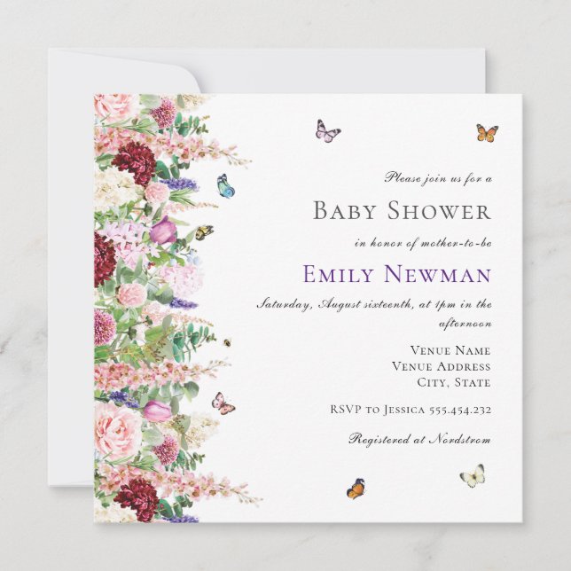 Elegant Pink Purple Floral Butterflies Baby Shower Invitation (Front)
