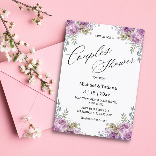 elegant pink purple floral couples shower wedding  invitation (Creator Uploaded)