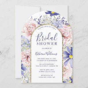 Elegant Pink Purple Floral Gold Arch Bridal Shower Invitation