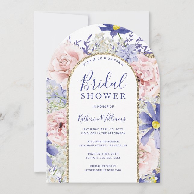 Elegant Pink Purple Floral Gold Arch Bridal Shower Invitation (Front)