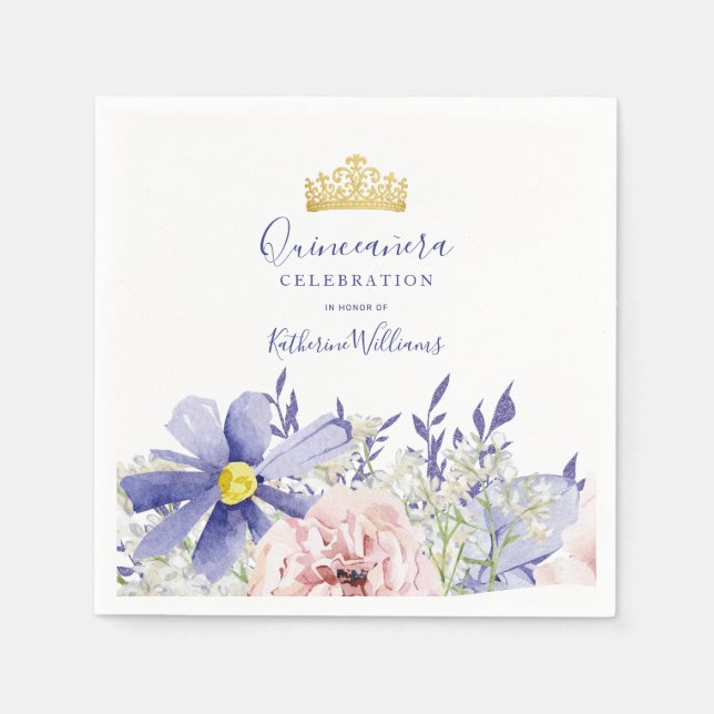 Elegant Pink Purple Floral Gold Crown Quinceañera  Napkin (Front)