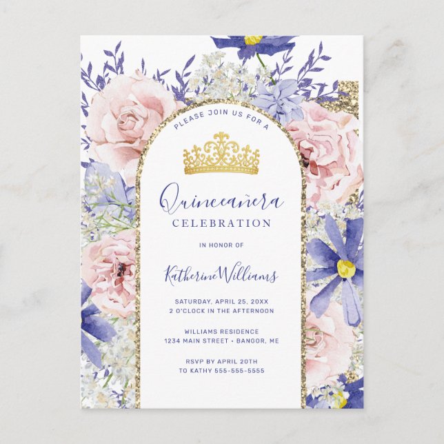 Elegant Pink Purple Floral Gold Tiara Quinceañera Postcard (Front)
