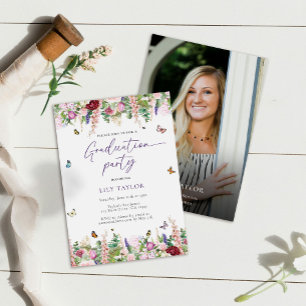 Elegant Pink Purple Floral Photo Graduation Party  Invitation