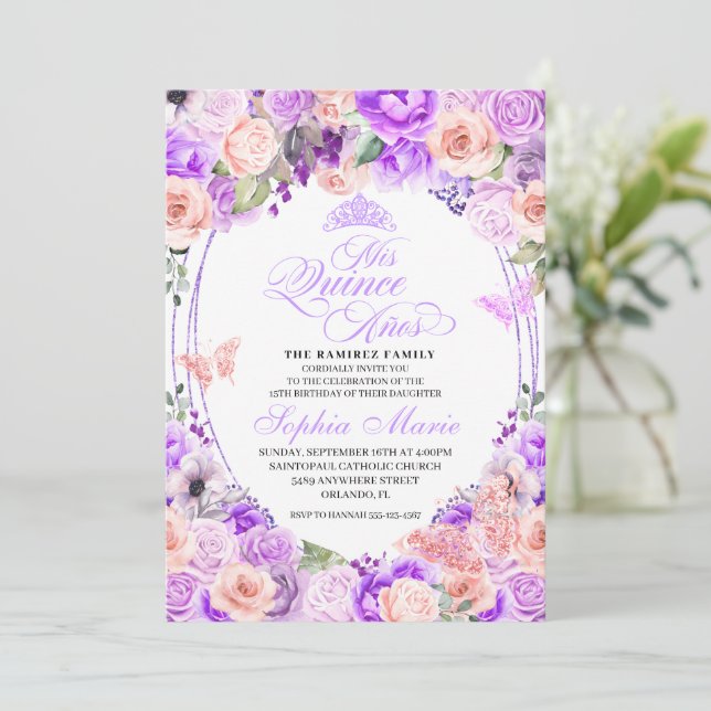 Elegant Pink & Purple Floral Quinceanera Birthday  Invitation (Standing Front)