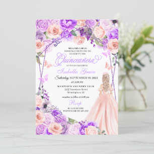 Elegant Pink & Purple Floral Quinceanera Invitatio Invitation