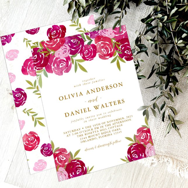 Elegant Pink & Purple Floral Roses Leaves Wedding Invitation (Creator Uploaded)