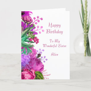 Elegant Pink Purple Floral Sister Name Birthday Card