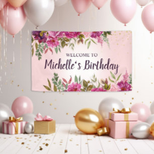 Elegant Pink Purple Floral Women's Girls' Birthday Banner