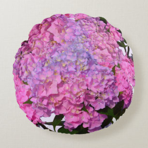 Elegant pink purple florals hydrangeas round cushion