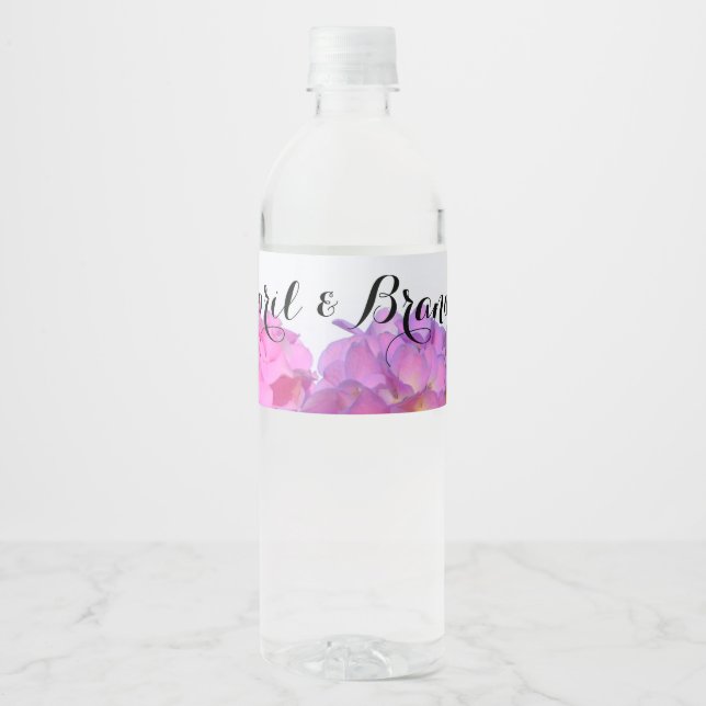 Elegant pink purple florals hydrangeas water bottle label (Front)