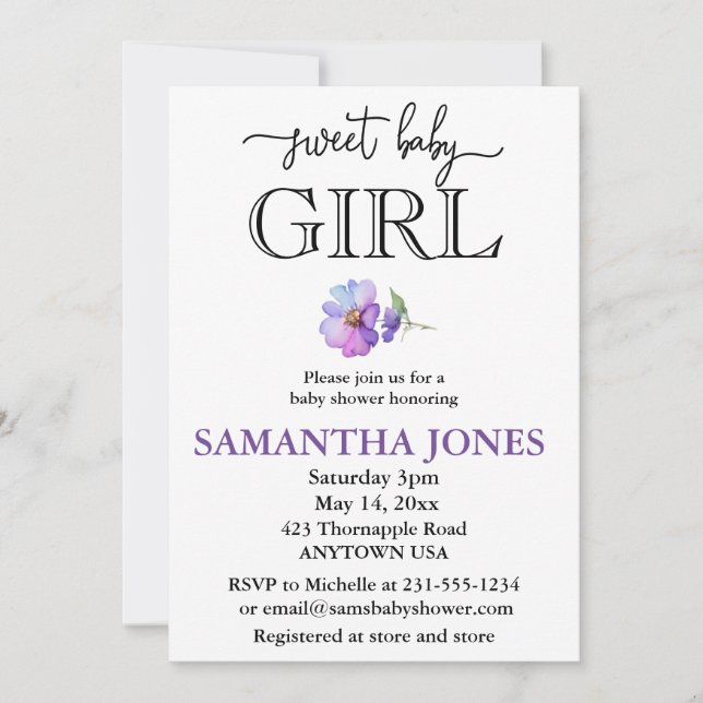 Elegant pink purple flower baby girl baby shower  invitation (Front)