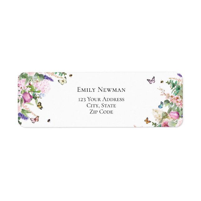 Elegant Pink Purple Flowers & Butterflies Label (Front)