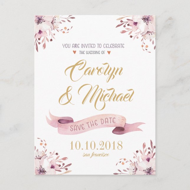 Elegant Pink Purple flowers save the Date Announcement Postcard (Front)