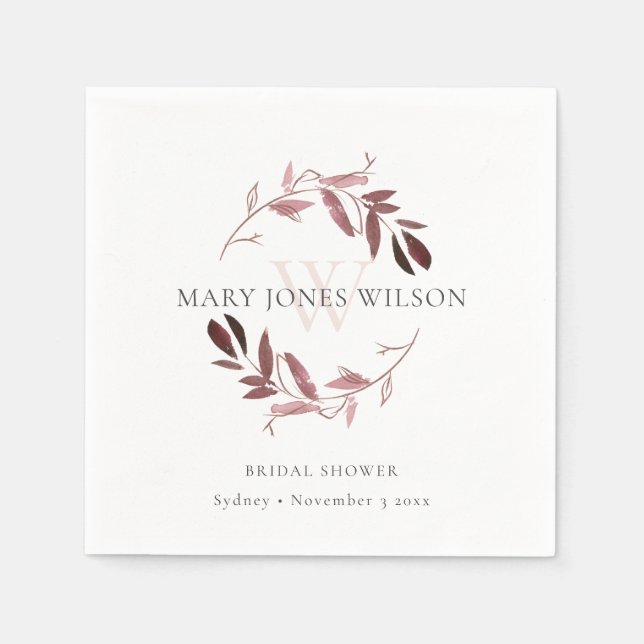ELEGANT PINK PURPLE FOLIAGE WREATH BRIDAL SHOWER NAPKIN (Front)