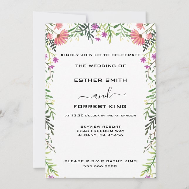 Elegant Pink Purple & Green Floral Arbor Wedding Invitation (Front)