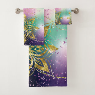 Elegant Pink purple green holiday Snowflakes star Bath Towel Set