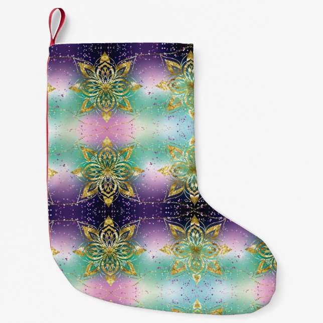 Elegant Pink purple green holiday Snowflakes stars Small Christmas Stocking (Front)
