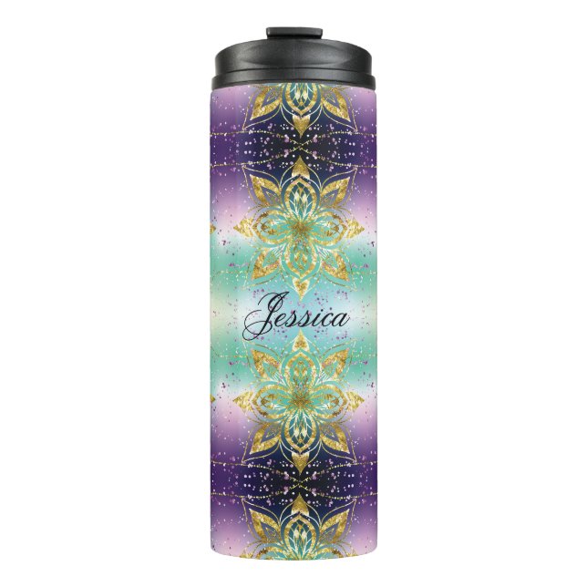Elegant Pink purple green holiday Snowflakes stars Thermal Tumbler (Front)