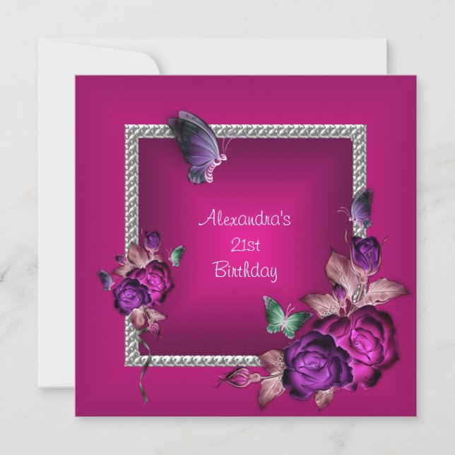 Elegant Pink Purple Jewel Flowers 21st Birthday Invitation (Front)