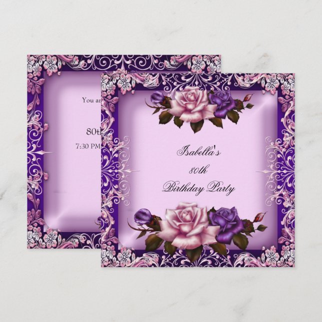 Elegant Pink Purple Lilac Rose 80th Birthday Party Invitation (Front/Back)