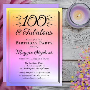 Elegant Pink Purple Ombre Fabulous 100th Birthday Invitation