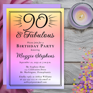Elegant Pink Purple Ombre Fabulous 90th Birthday Invitation