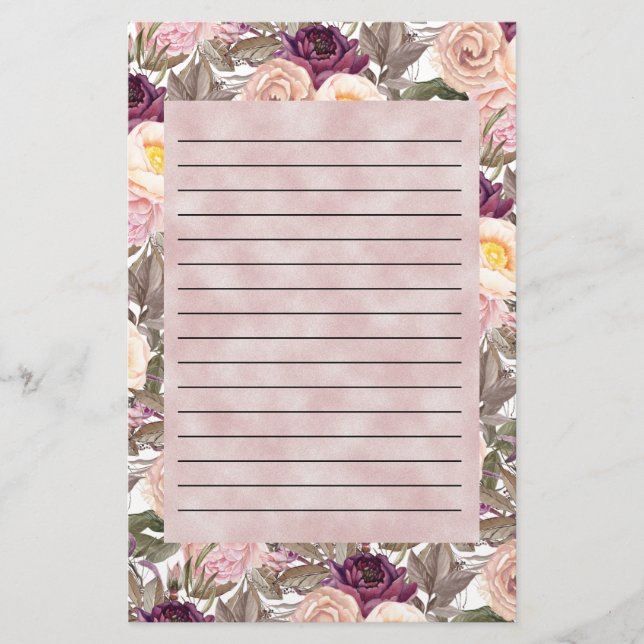 Elegant Pink Purple Peonies Lined Stationery (Front)