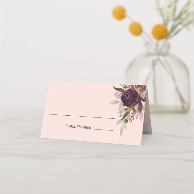 Elegant Pink Purple Plum Pink Floral Wedding Place Card (Front)
