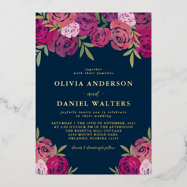 Elegant Pink & Purple Roses Blue Wedding Gold (Front)