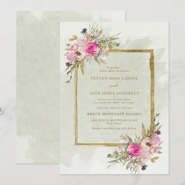 Elegant Pink Purple Sage Green Leaves Gold Invitation (Front/Back)